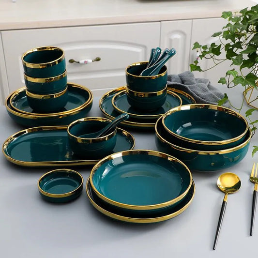 Studio 84 Gilt Rim Green Ceramic Dinnerware Set